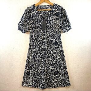 Tommy Hilfiger Floral Knee Length Dress Sz 2 Navy Tropical Puff‎ Sleeve Preppy